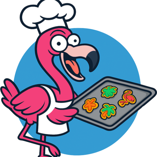 The Crazy Cookie Lady flamingo chef mascot holding a tray of frosted cookies